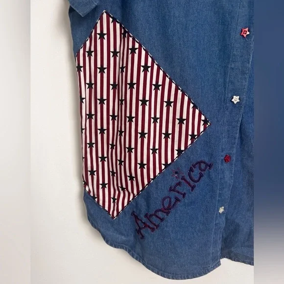 Vintage Roman's 16W Cotton Short Sleeve Patriotic Patchwork Quirky Denim Top - Picture 3 of 9